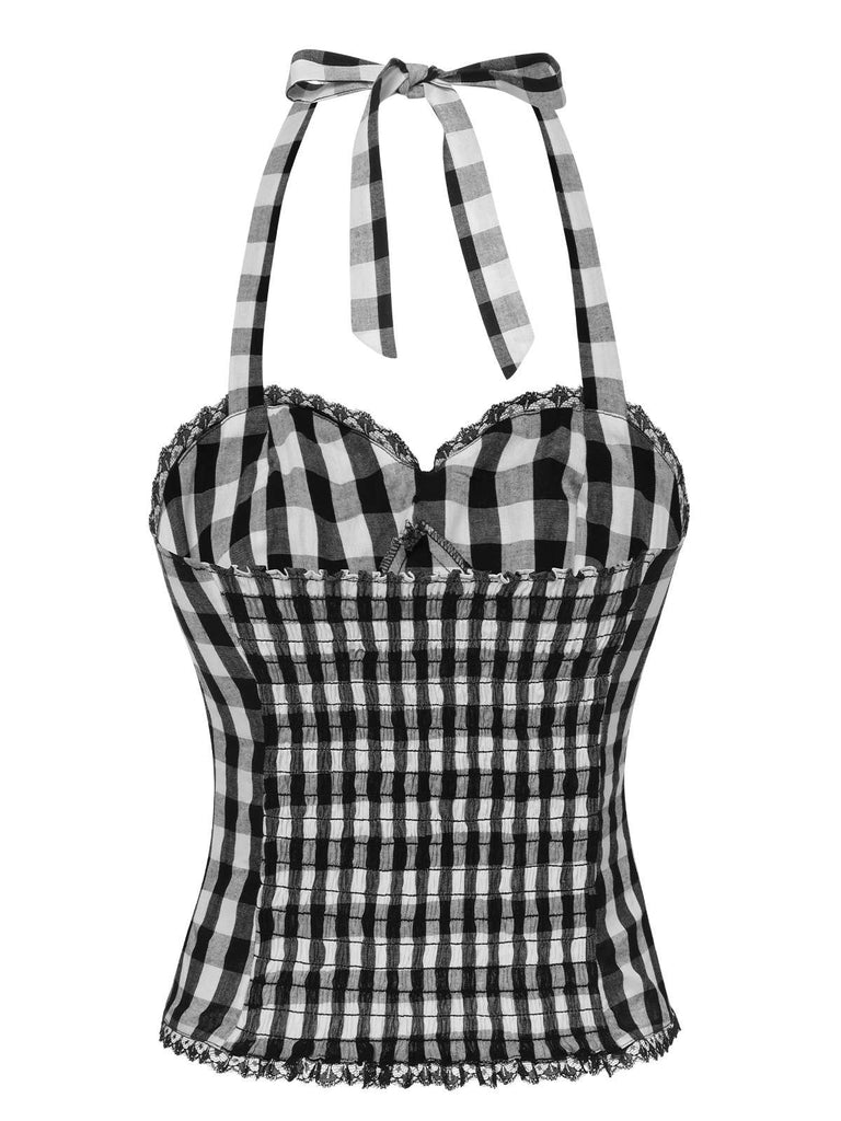 Black 1950s Plaid Halter Lace Bow Top, vintage top, retro blouse - perfect for women who love vintage and retro fashion