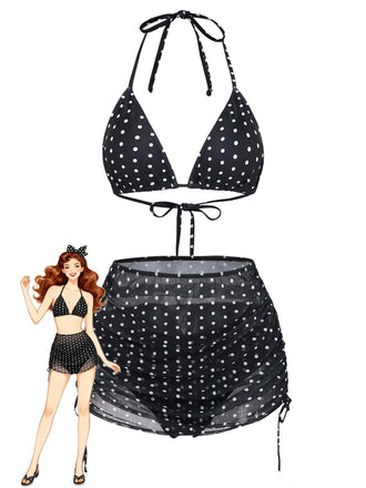 Black 1950s Polka Dot Halter Bikini Set & Cover-Up - vintage swimsuit, pin-up swimwear for vintage lovers
