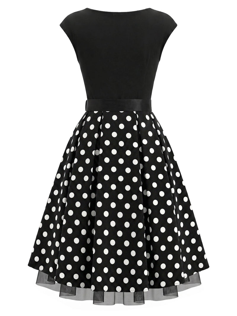 50's black and white polka dot dress 1950s Knit Cap Sleeve Belted Swing Color:Golden Roses
