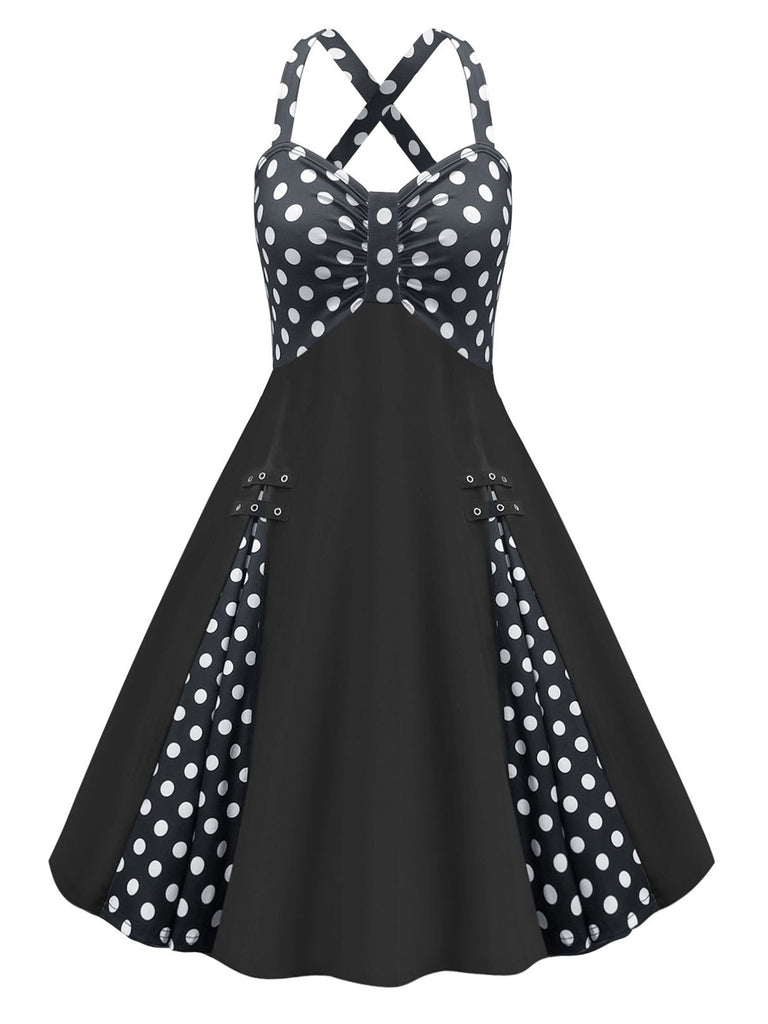 Black 1950s Polka Dot Patchwork Dress, vintage dress, retro fashion, rockabilly, pin-up fashion - perfect for women who love vintage and retro fashion