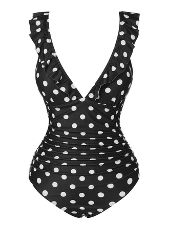 Black 1950s Polka Dot Ruffle V-Neck Swimsuit, vintage swimsuit, pin-up swimwear - perfect for women who love vintage and retro fashion