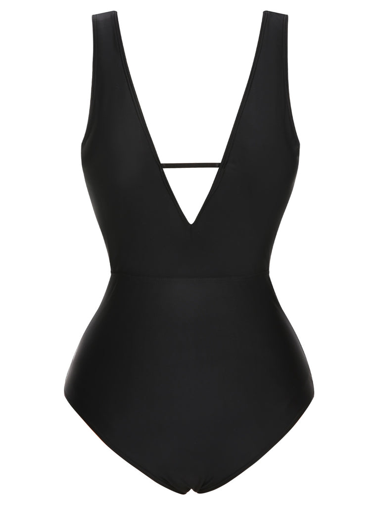 Black 1950s Polka Dot V-Neck Bow Swimsuit, vintage swimsuit, pin-up swimwear - perfect for women who love vintage and retro fashion