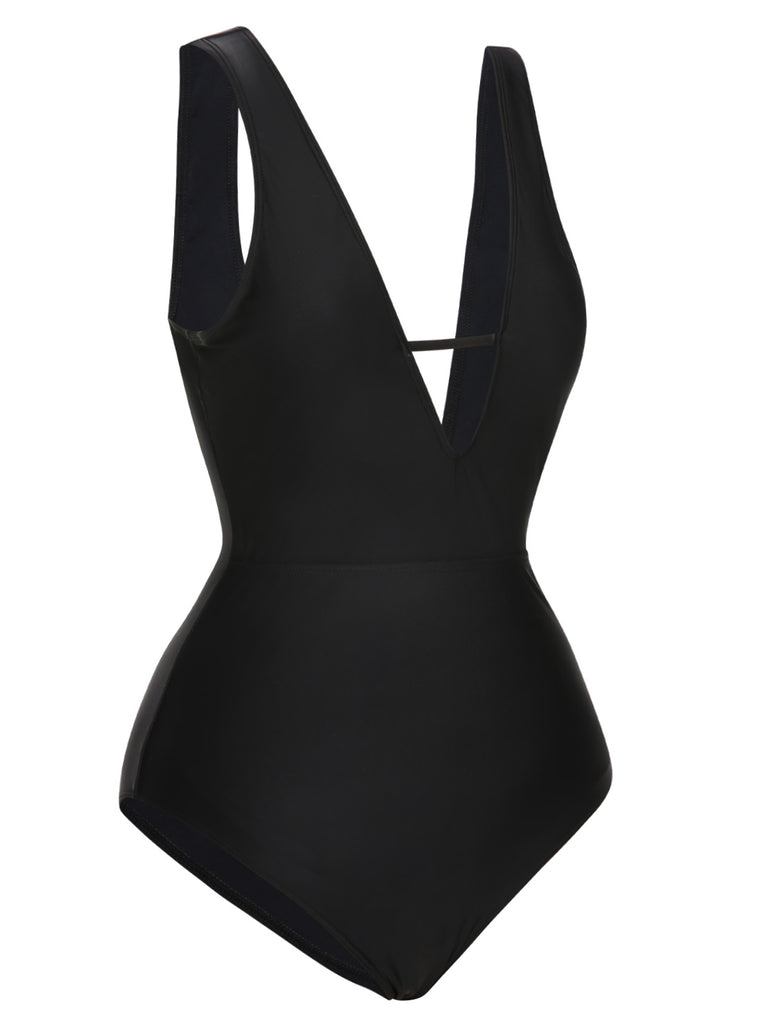 Black 1950s Polka Dot V-Neck Bow Swimsuit, vintage swimsuit, pin-up swimwear - perfect for women who love vintage and retro fashion