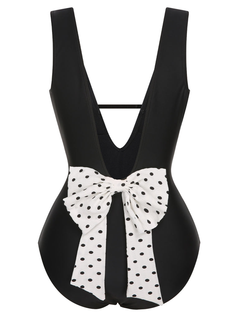 Black 1950s Polka Dot V-Neck Bow Swimsuit, vintage swimsuit, pin-up swimwear - perfect for women who love vintage and retro fashion