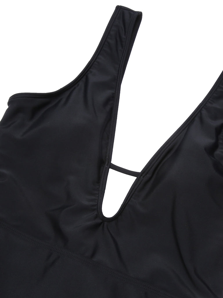 Black 1950s Polka Dot V-Neck Bow Swimsuit, vintage swimsuit, pin-up swimwear - perfect for women who love vintage and retro fashion