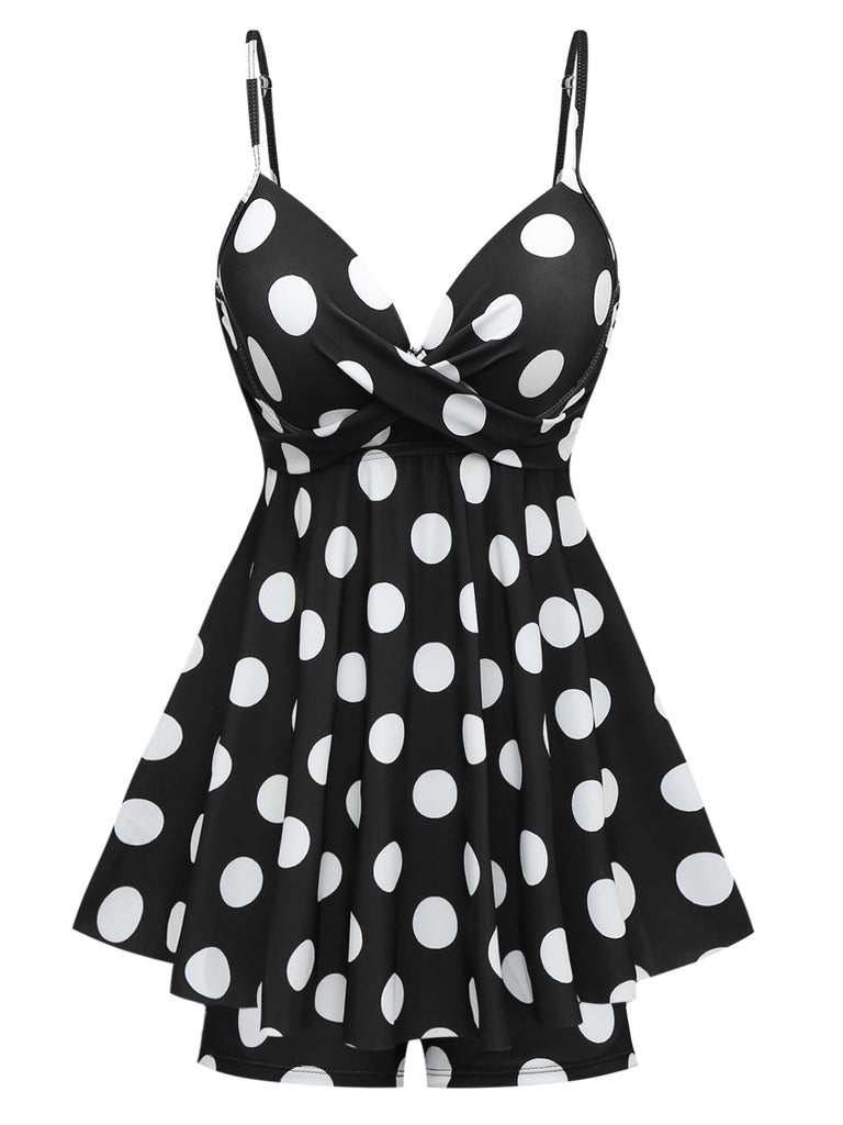 Retro Stage Polka Dot Swim Dress | Black & White Skirted Swimsuit with Shorts