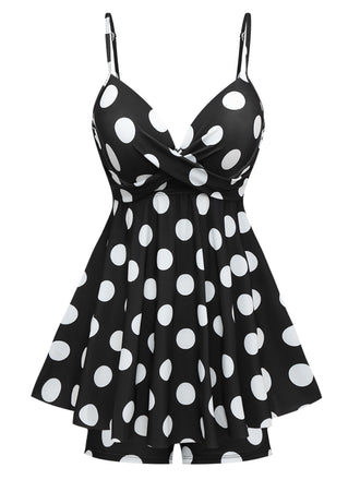 She slips into this Black 1950s Polka Dots One-Piece Swim Dress and suddenly it's a 1950s daydream
