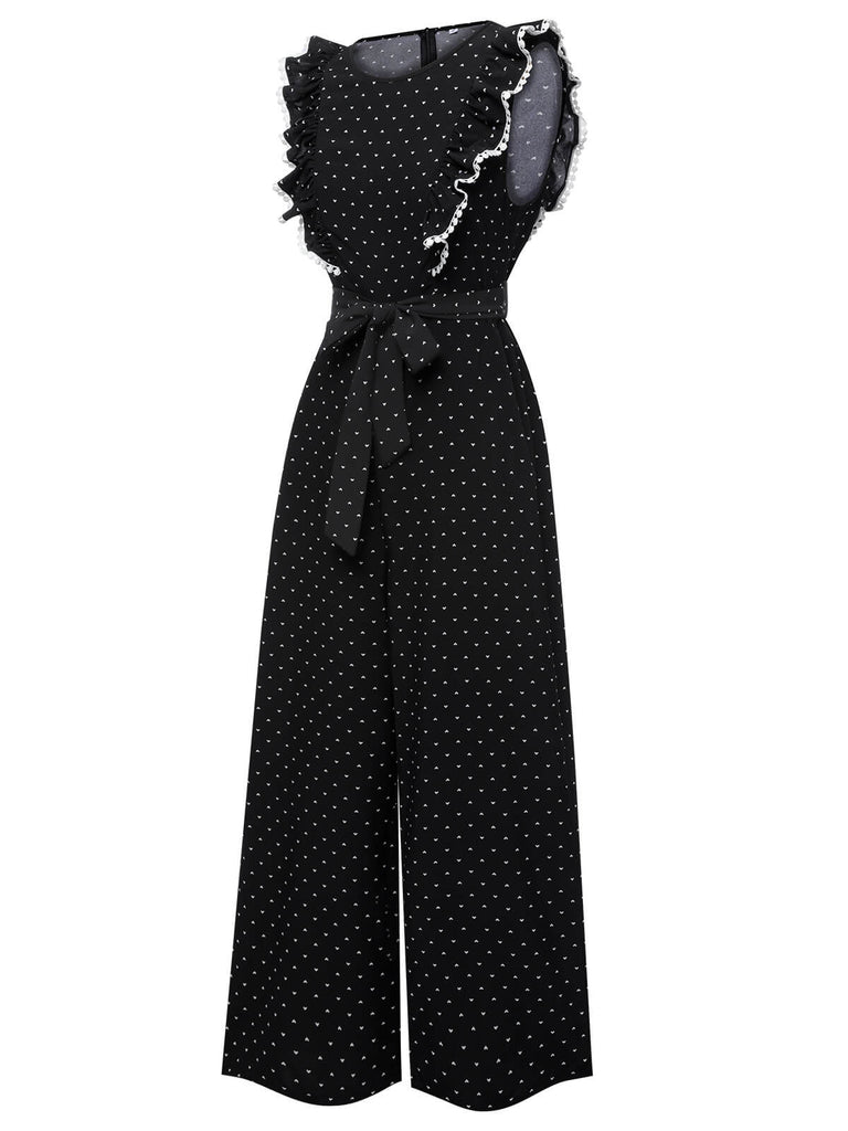Black 1950s Polka Dots Ruffle Sleeveless Jumpsuit, vintage romper, retro jumpsuit - perfect for women who love vintage and retro fashion