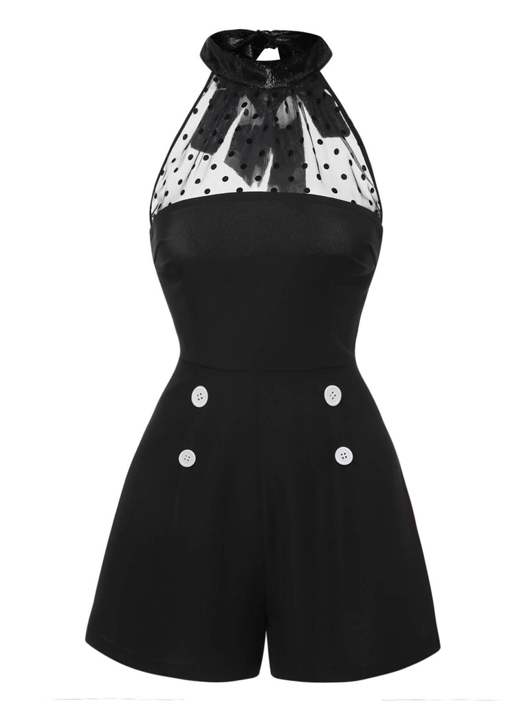 Black 1950s Polka Dots Sheer Neck Romper, vintage romper, retro jumpsuit - perfect for women who love vintage and retro fashion