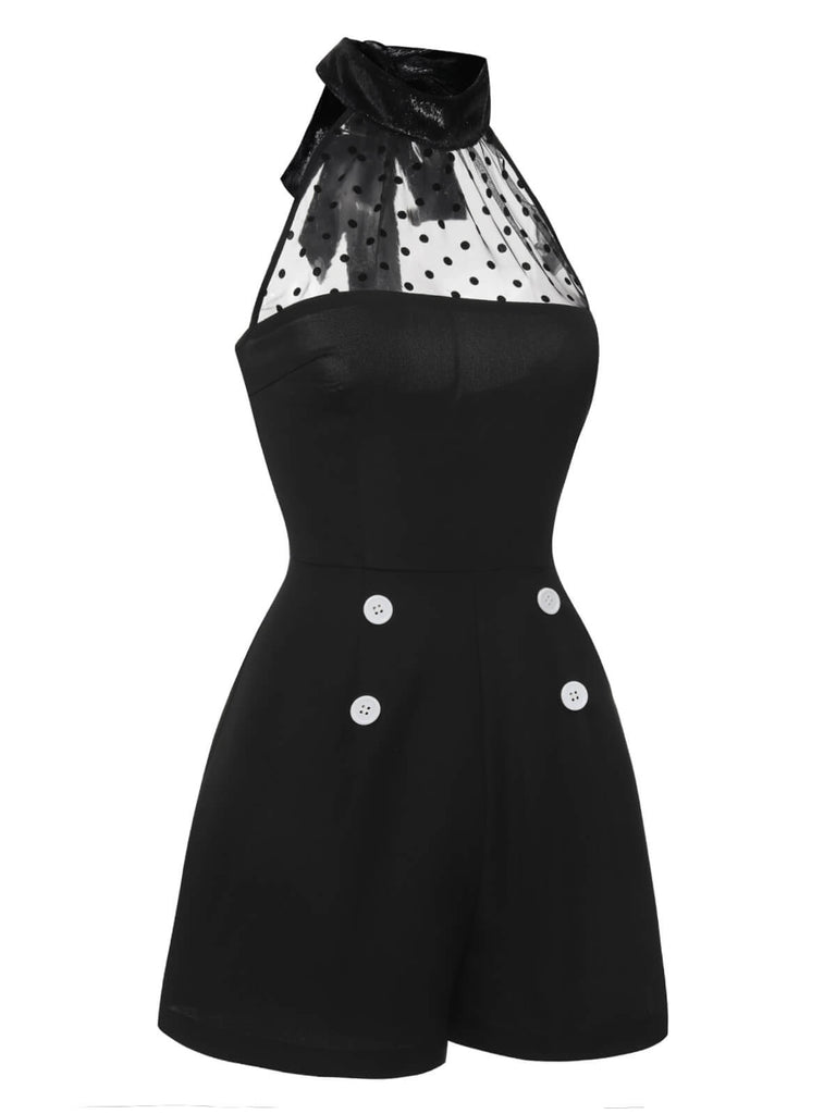 Black 1950s Polka Dots Sheer Neck Romper, vintage romper, retro jumpsuit - perfect for women who love vintage and retro fashion