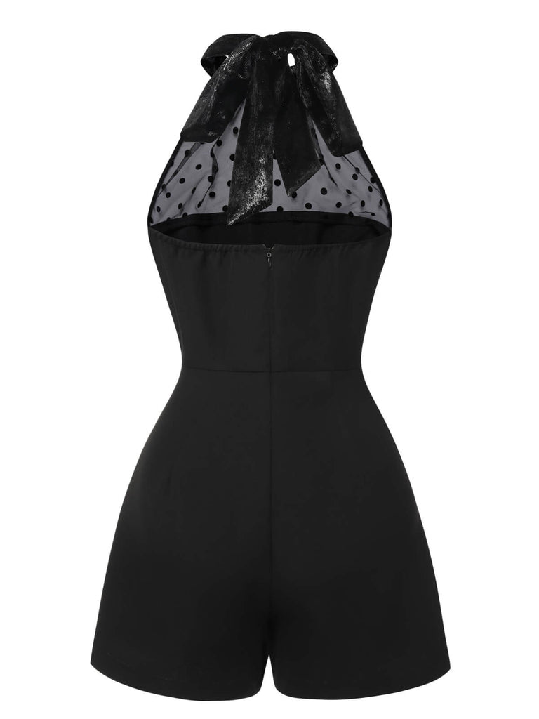 Black 1950s Polka Dots Sheer Neck Romper, vintage romper, retro jumpsuit - perfect for women who love vintage and retro fashion