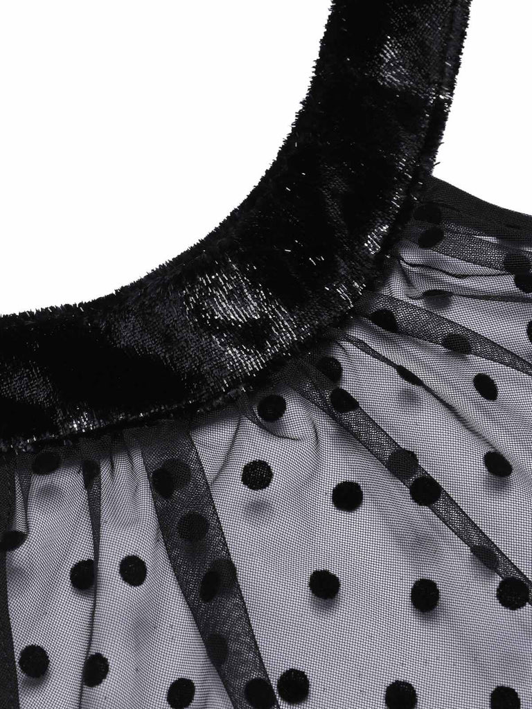 Black 1950s Polka Dots Sheer Neck Romper, vintage romper, retro jumpsuit - perfect for women who love vintage and retro fashion