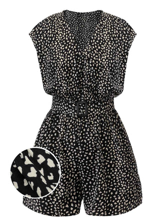 Black 1950s Printed V-Neck Belted Romper: timeless style reimagined