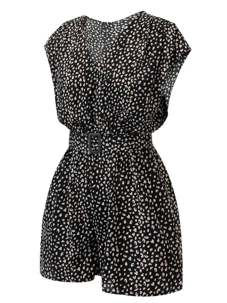 Black 1950s Printed V-Neck Belted Romper: timeless style reimagined