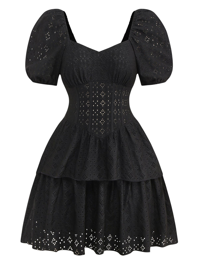 Women's Fit and Flare Puff Sleeve Corset Mini Dress in Black Women's Fit and Flare Puff Sleeve Corset Mini Dress in Black