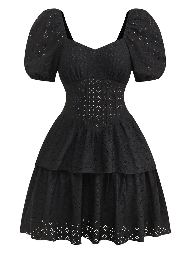 Black 1950s Puff Corset Hollow Knit Dress