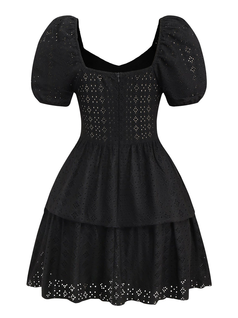 Black 1950s Puff Corset Hollow Knit Dress - vintage dress, retro fashion, rockabilly