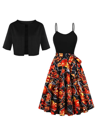 She slips into this Black 1950s Pumpkin Halloween Swing Dress & Bolero Jacket and suddenly it's a 1950s daydream