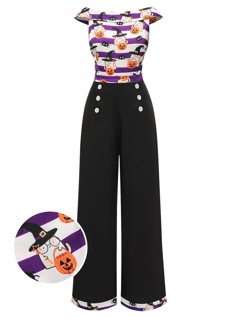 Black 1950s Pumpkin Off Shoulder Patchwork Jumpsuit, vintage romper, retro jumpsuit - perfect for women who love vintage and retro fashion