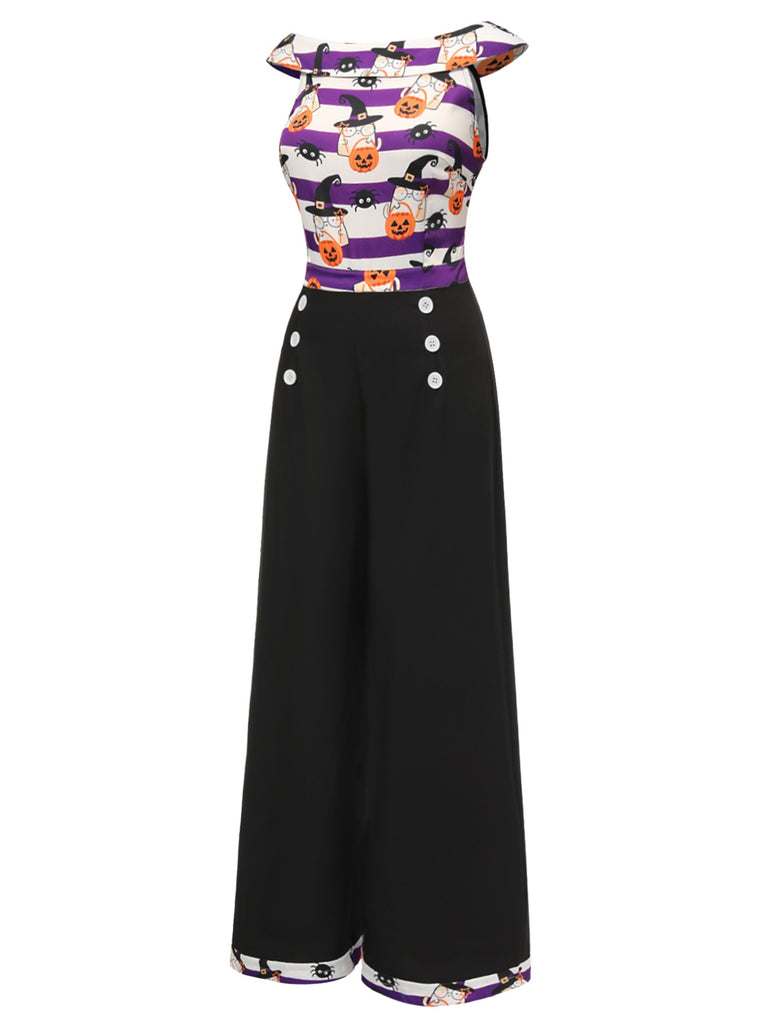 Black 1950s Pumpkin Off Shoulder Patchwork Jumpsuit, vintage romper, retro jumpsuit - perfect for women who love vintage and retro fashion