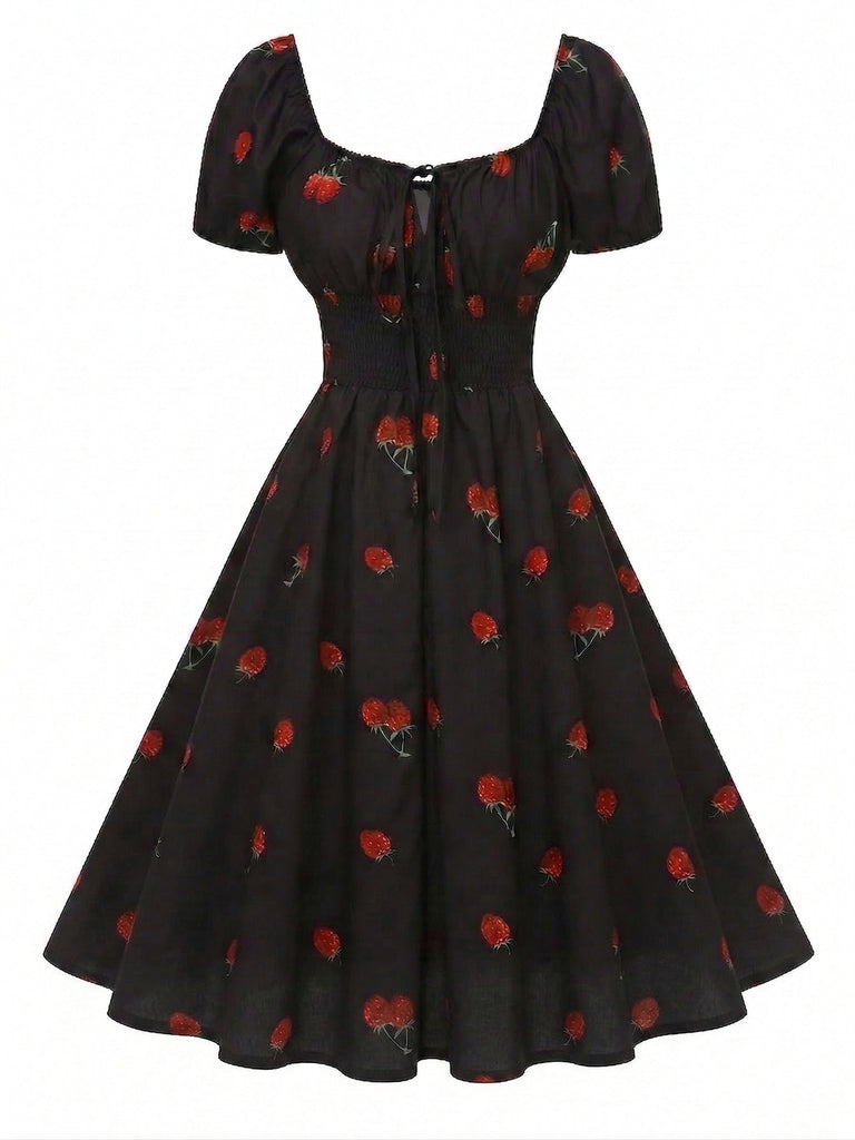 [Pre-Sale] Black 1950s Raspberry V-Neck Halter Midi Dress - vintage dress, retro fashion, rockabilly, pin-up fashion for vintage lovers