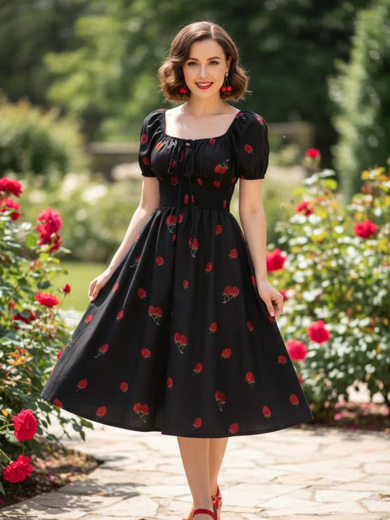 Black 1950s Raspberry V-Neck Halter Midi Dress, vintage dress, retro fashion, rockabilly, pin-up fashion - perfect for women who love vintage and retro fashion