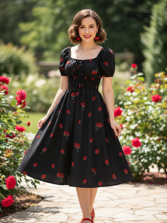 Black 1950s Raspberry V-Neck Halter Midi Dress, vintage dress, retro fashion, rockabilly, pin-up fashion - perfect for women who love vintage and retro fashion