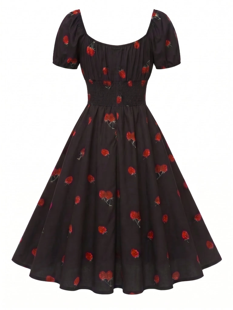 Retro Stage Off Shoulder Strawberry V-Neck Halter Midi Swing Dress Black
