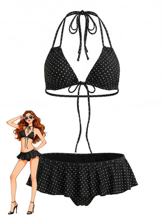 Black 1950s Ruffle Lace-Up Polka Dot Bikini Set - vintage fashion, retro style, classic black