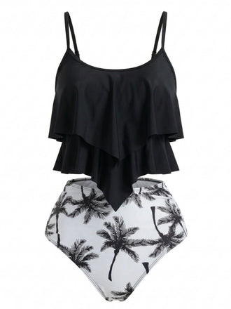 Black 1950s Ruffled Coconut Tree Tankini Set