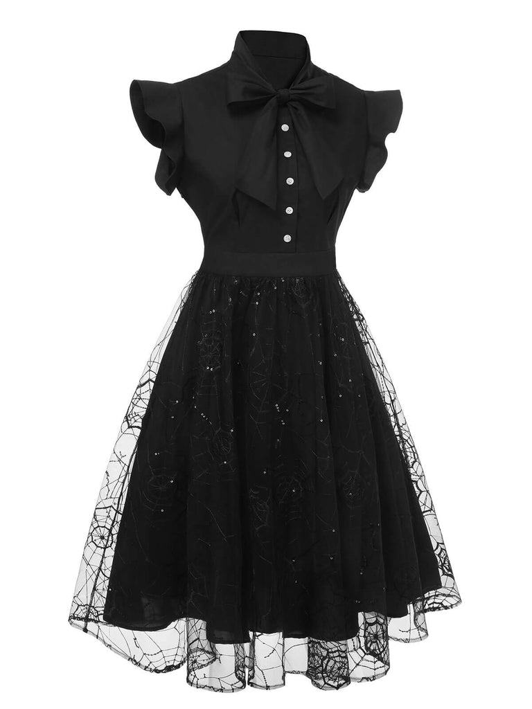 Goth Dress Sleeveless Witch Sequined Spider Mesh Black Dress,S
