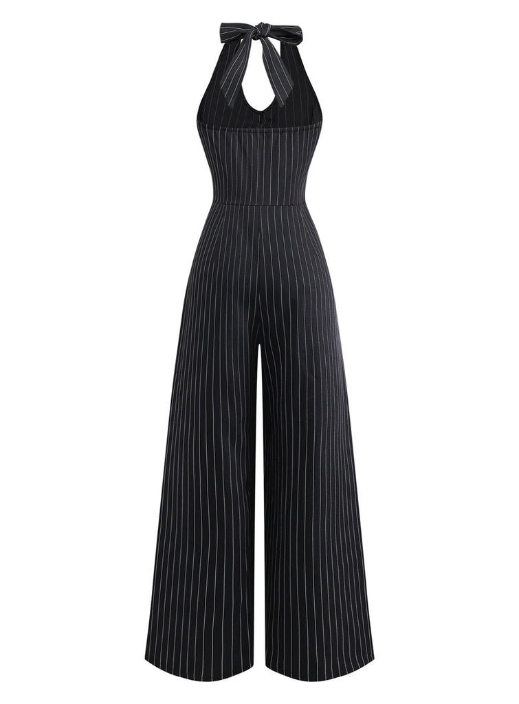 Black 1950s Sleeveless Pinstripe Halter Button Wide Leg Jumpsuit, vintage romper, retro jumpsuit - perfect for women who love vintage and retro fashion