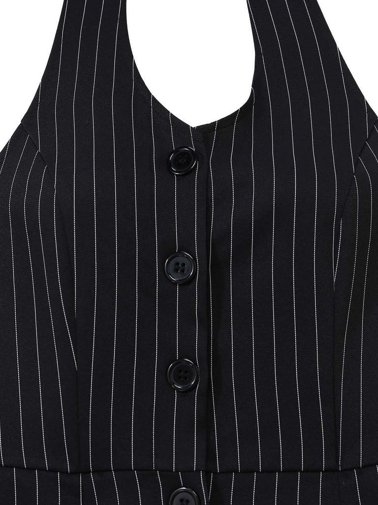 Black 1950s Sleeveless Pinstripe Halter Button Wide Leg Jumpsuit, vintage romper, retro jumpsuit - perfect for women who love vintage and retro fashion