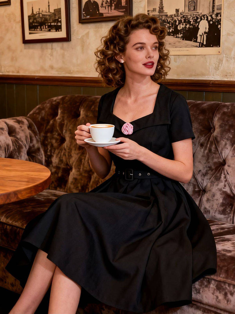 black 1950s swing dress Black 1950s Polka Dot Swing Vintage Dress