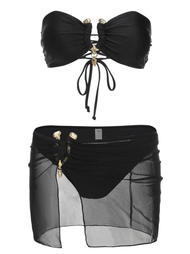 Black 1950s Solid Bikini Set With Skirt, vintage skirt, retro style - perfect for women who love vintage and retro fashion