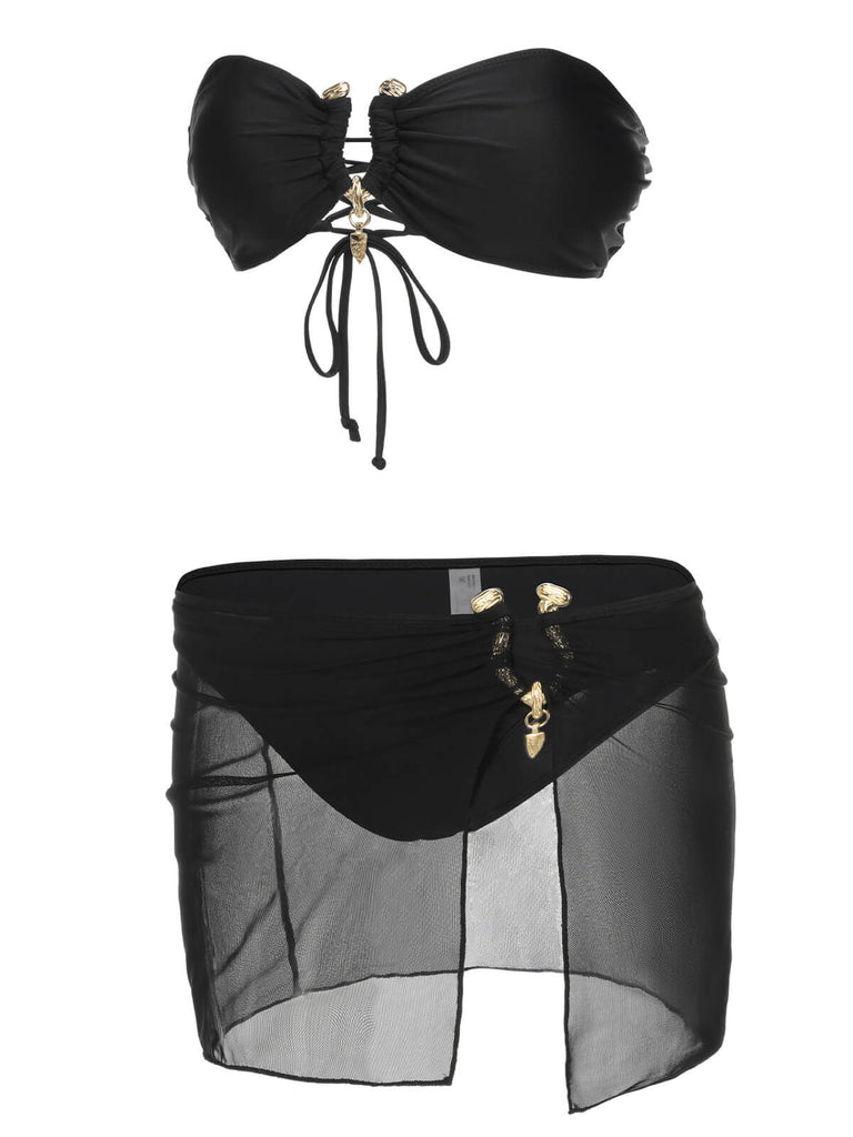 Black 1950s Solid Bikini Set With Skirt, vintage skirt, retro style - perfect for women who love vintage and retro fashion