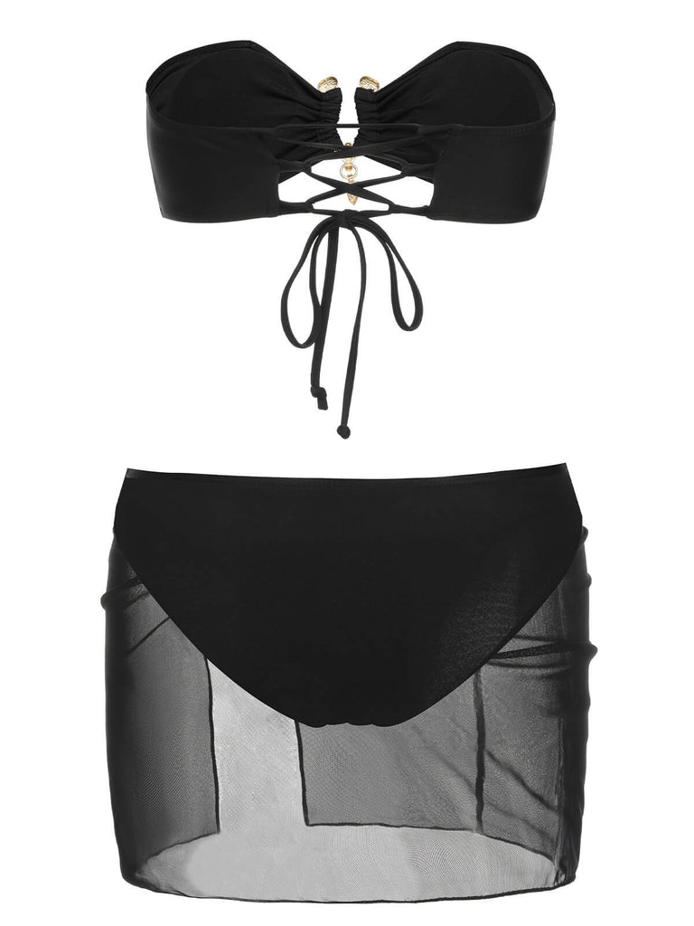 Black 1950s Solid Bikini Set With Skirt, vintage skirt, retro style - perfect for women who love vintage and retro fashion