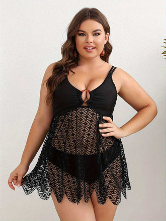 Black 1950s Solid Bohemian Lace Tankini Set - vintage fashion, retro style, classic black