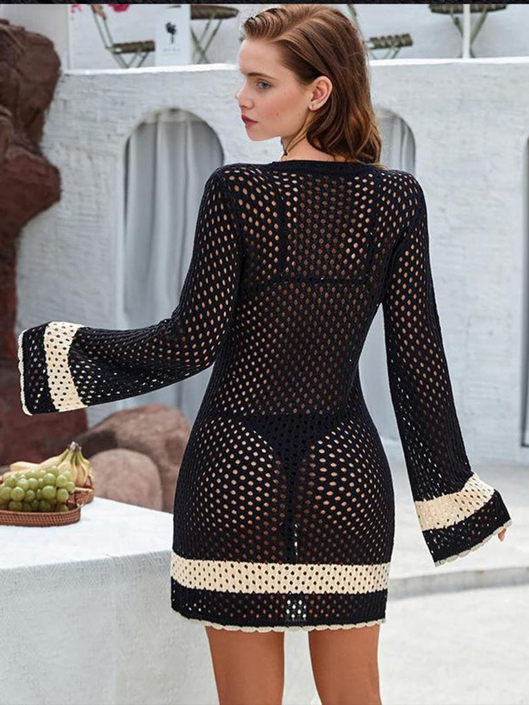 Black 1950s Solid Boho Style Hollow Cover Up - vintage fashion, retro style, classic black