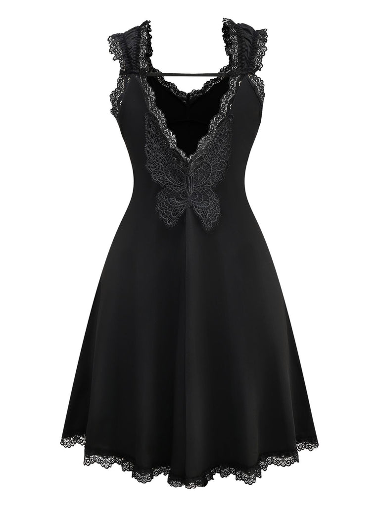 Black Solid Butterfly Backless Nightdress Goth Mini Sleepwear Black Solid Butterfly Backless Nightdress Goth Mini Sleepwear