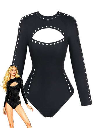 Black 1950s Solid Cutout Long Sleeves Swimsuit - vintage swimsuit, pin-up swimwear for vintage lovers