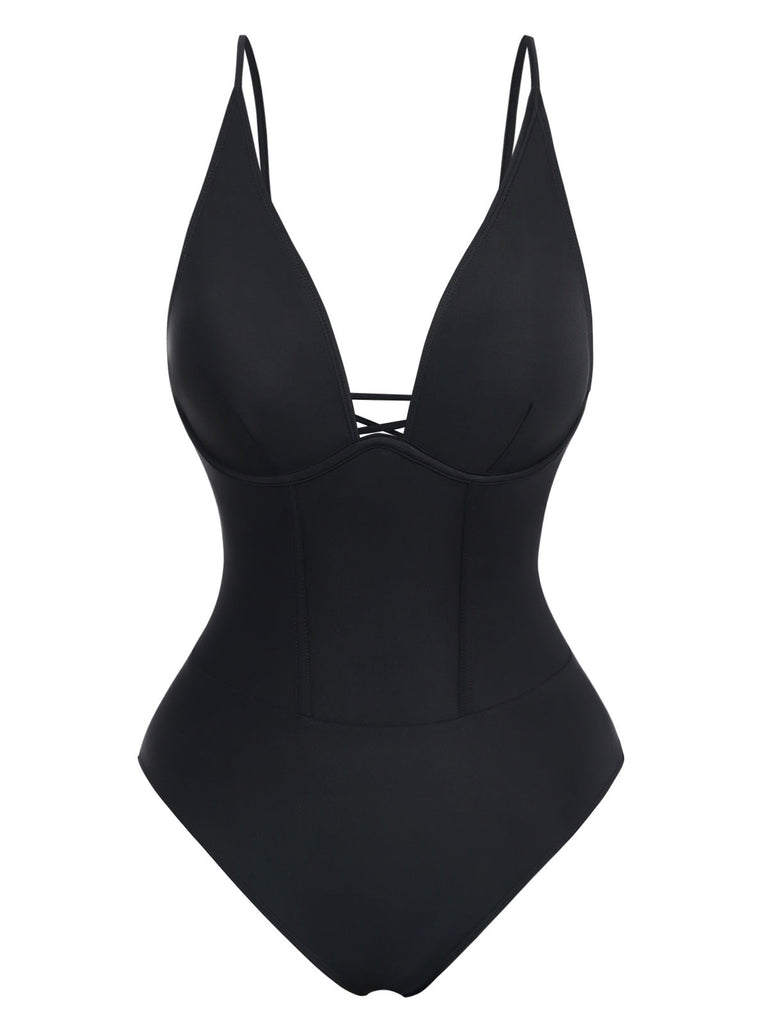 Black 1950s Solid Deep V Tummy Control One-Piece Swimsuit - vintage swimwear, retro swimsuit, pin-up style for vintage lovers