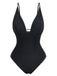Black 1950s Solid Deep V Tummy Control One-Piece Swimsuit - vintage swimwear, retro swimsuit, pin-up style for vintage lovers