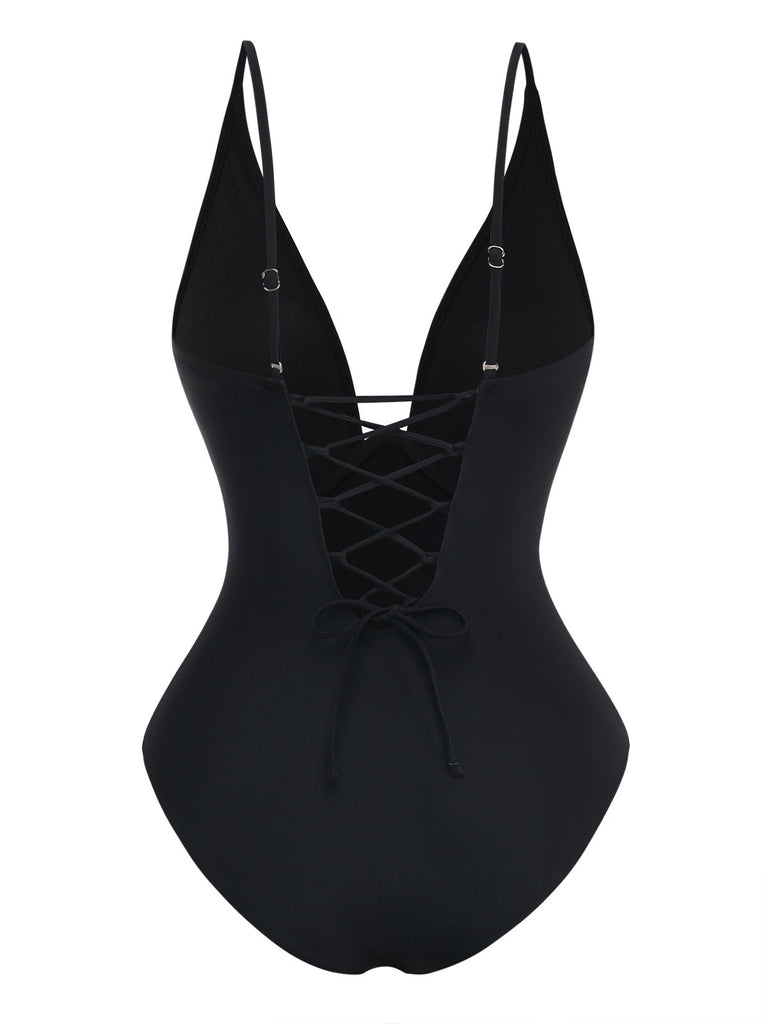 Black 1950s Solid Deep V Tummy Control One-Piece Swimsuit: beautiful vintage swimwear, retro swimsuit, pin-up style with timeless appeal