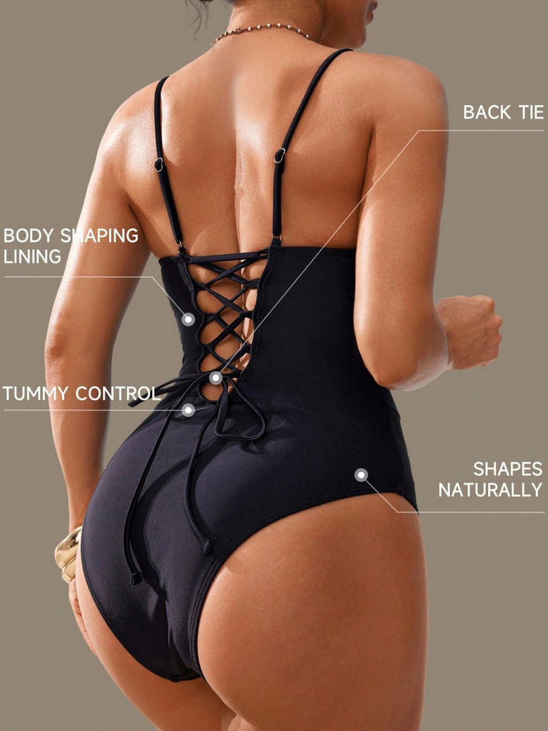Black 1950s Solid Deep V Tummy Control One-Piece Swimsuit | vintage swimwear, retro swimsuit, pin-up style - perfect for retro fashion enthusiasts