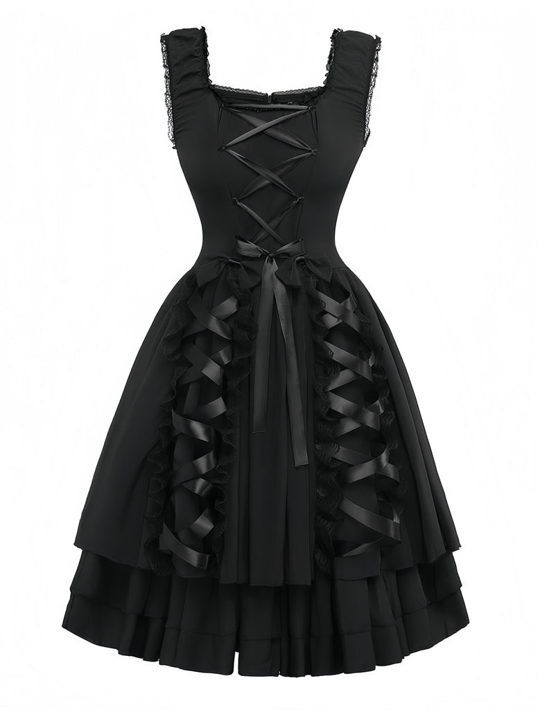 Black 1950s Solid Gothic Lace-Up Dress Black 1950s Solid Gothic Lace-Up Dress