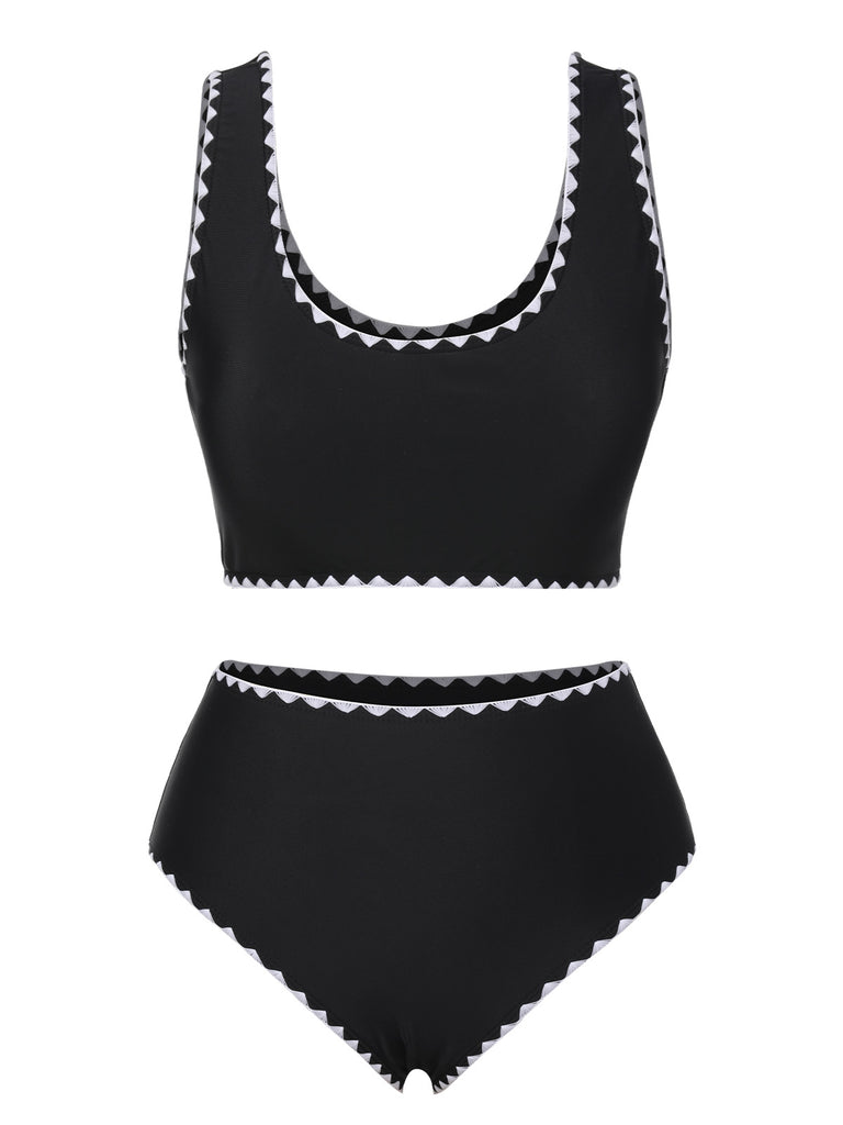Black 1950s Solid Jagged Edge Swimsuit, vintage swimsuit, pin-up swimwear - perfect for women who love vintage and retro fashion