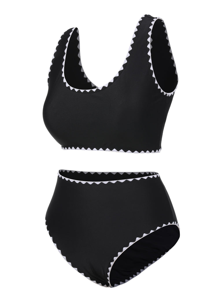 Black 1950s Solid Jagged Edge Swimsuit, vintage swimsuit, pin-up swimwear - perfect for women who love vintage and retro fashion