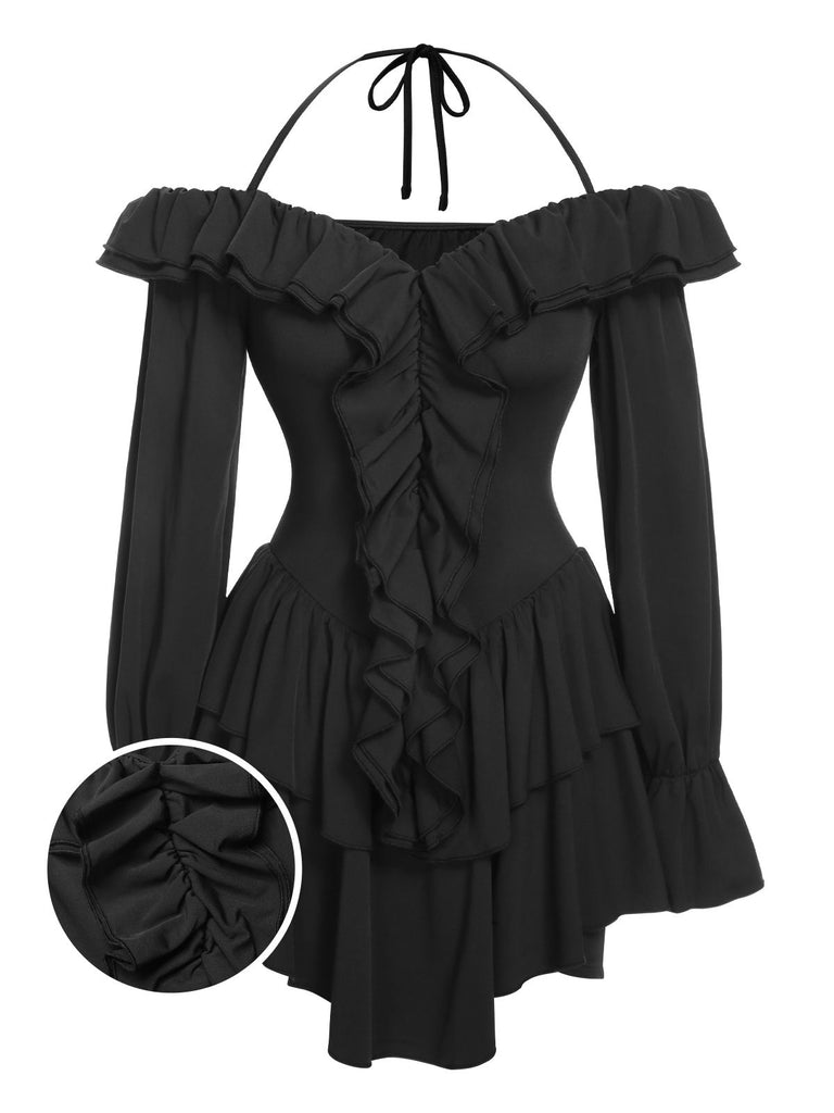 Black 1950s Solid Ruffle Off-Shoulder Romper, vintage romper, retro jumpsuit - perfect for women who love vintage and retro fashion