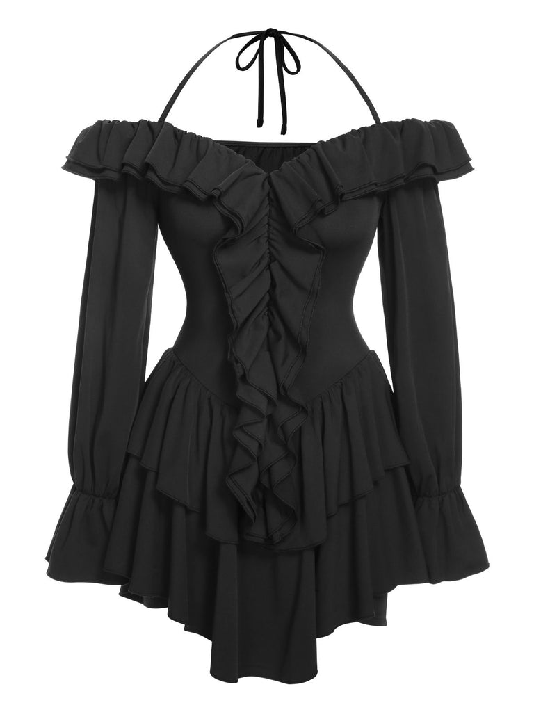 Black 1950s Solid Ruffle Off-Shoulder Romper, vintage romper, retro jumpsuit - perfect for women who love vintage and retro fashion
